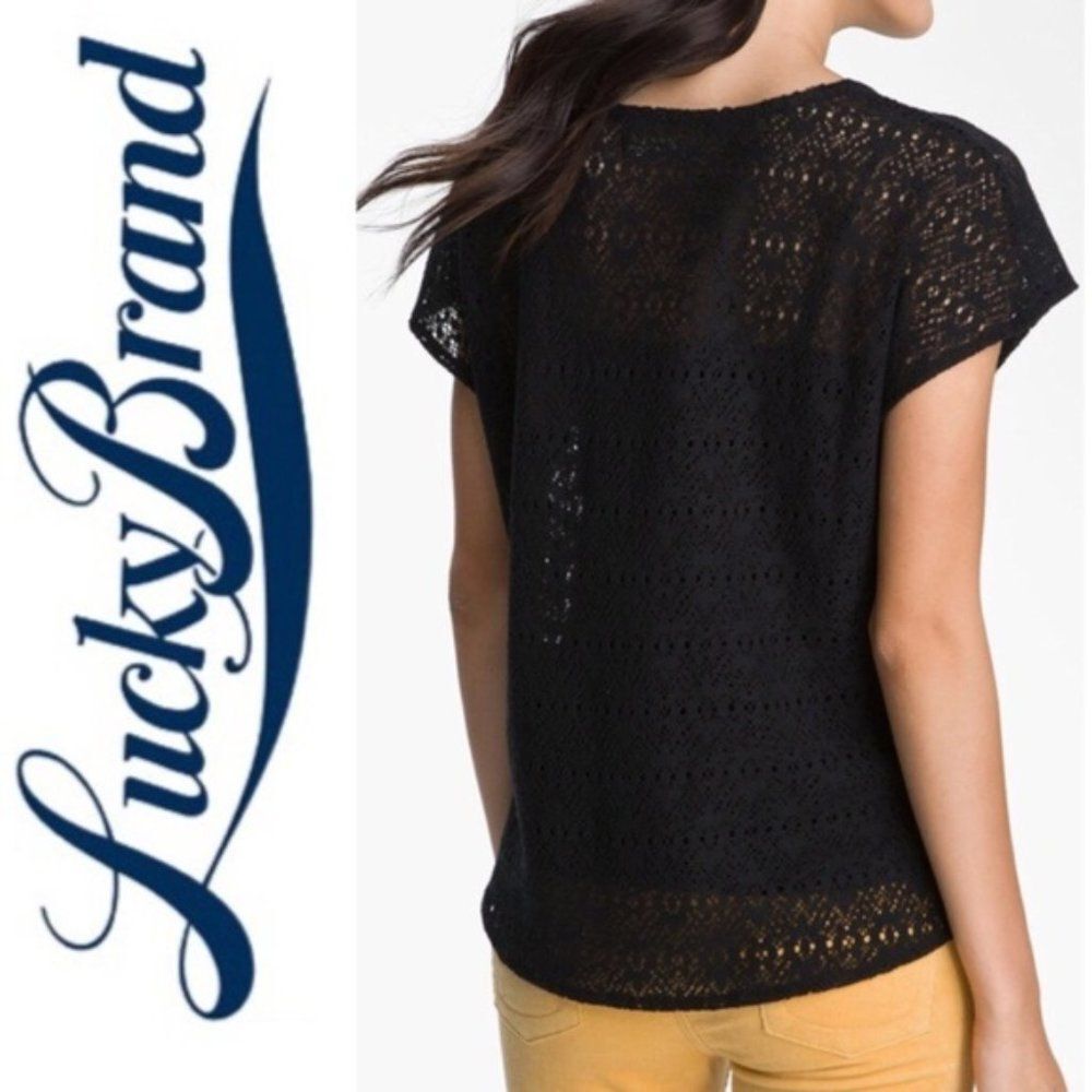Lucky Brand Ginger Floral Lace Black Top New